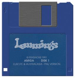 Cartridge artwork for Lemmings on the Commodore Amiga.