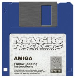 Cartridge artwork for Magic Pockets on the Commodore Amiga.