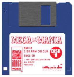 Cartridge artwork for Mega Lo Mania on the Commodore Amiga.