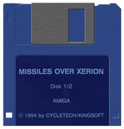 Cartridge artwork for Missiles Over Xerion on the Commodore Amiga.