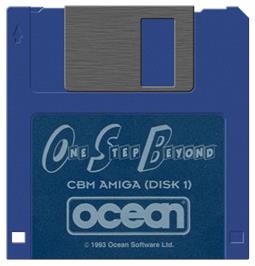 Cartridge artwork for One Step Beyond on the Commodore Amiga.
