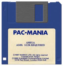 Cartridge artwork for Pac-mania on the Commodore Amiga.