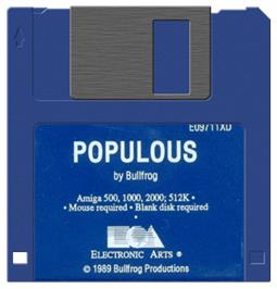 Cartridge artwork for Populous on the Commodore Amiga.