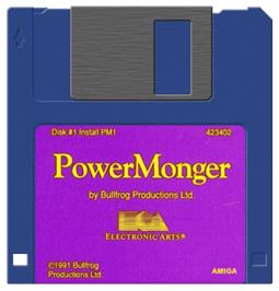 Cartridge artwork for Powermonger on the Commodore Amiga.