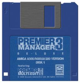 Cartridge artwork for Premier Manager 3 De-Luxe on the Commodore Amiga.
