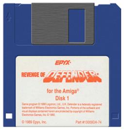 Cartridge artwork for Revenge of Defender on the Commodore Amiga.