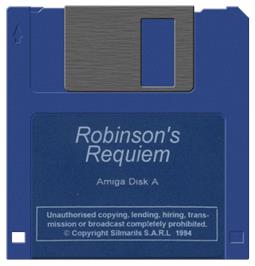 Cartridge artwork for Robinson's Requiem on the Commodore Amiga.