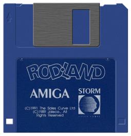 Cartridge artwork for Rodland on the Commodore Amiga.