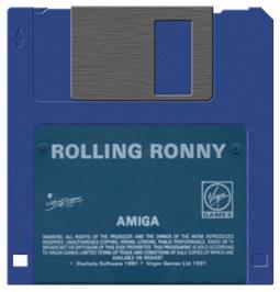 Cartridge artwork for Rolling Ronny on the Commodore Amiga.