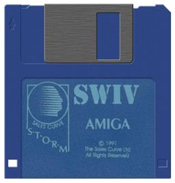 Cartridge artwork for SWIV on the Commodore Amiga.