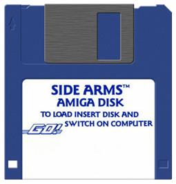 Cartridge artwork for Side Arms on the Commodore Amiga.