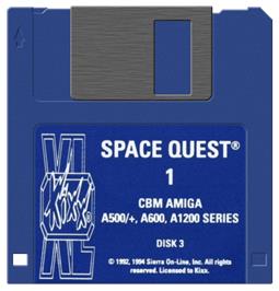 Cartridge artwork for Space Quest I: Roger Wilco in the Sarien Encounter on the Commodore Amiga.