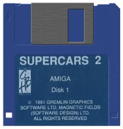 Cartridge artwork for Super Cars 2 on the Commodore Amiga.