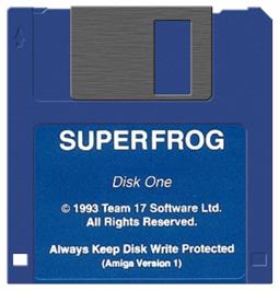 Cartridge artwork for Superfrog on the Commodore Amiga.