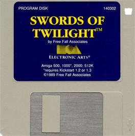 Cartridge artwork for Swords of Twilight on the Commodore Amiga.