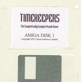 Cartridge artwork for Timekeepers on the Commodore Amiga.