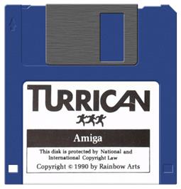 Cartridge artwork for Turrican on the Commodore Amiga.