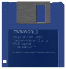 Cartridge artwork for TwinWorld on the Commodore Amiga.
