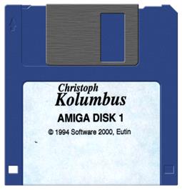 Cartridge artwork for Voyages Of Discovery on the Commodore Amiga.