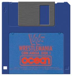 Cartridge artwork for WWF Wrestlemania on the Commodore Amiga.