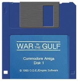 Cartridge artwork for War in the Gulf on the Commodore Amiga.