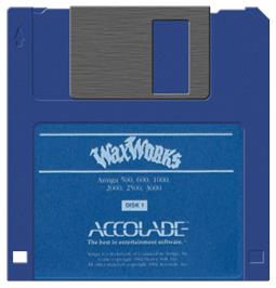 Cartridge artwork for Waxworks on the Commodore Amiga.