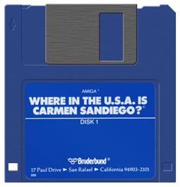Cartridge artwork for Where in the U.S.A. Is Carmen Sandiego? on the Commodore Amiga.