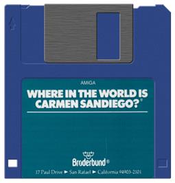 Cartridge artwork for Where in the World is Carmen Sandiego? on the Commodore Amiga.