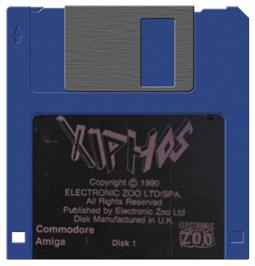 Cartridge artwork for Xiphos on the Commodore Amiga.