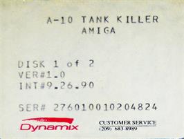 Top of cartridge artwork for A-10 Tank Killer on the Commodore Amiga.