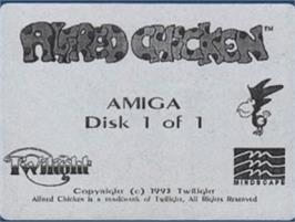 Top of cartridge artwork for Alfred Chicken on the Commodore Amiga.