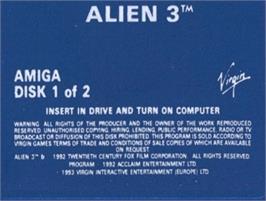 Top of cartridge artwork for Alien 3 on the Commodore Amiga.