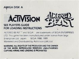 Top of cartridge artwork for Altered Beast on the Commodore Amiga.