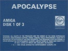 Top of cartridge artwork for Apocalypse on the Commodore Amiga.