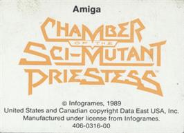 Top of cartridge artwork for Chamber of the Sci-Mutant Priestess on the Commodore Amiga.