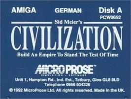 Top of cartridge artwork for Civilization on the Commodore Amiga.