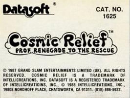 Top of cartridge artwork for Cosmic Relief: Prof. Renegade to the Rescue on the Commodore Amiga.