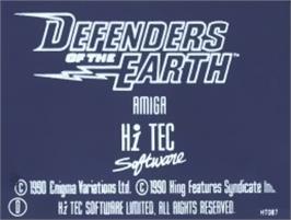 Top of cartridge artwork for Defenders of the Earth on the Commodore Amiga.