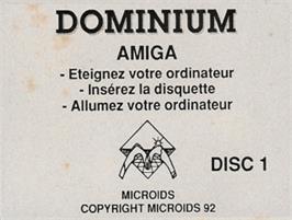 Top of cartridge artwork for Dominium on the Commodore Amiga.