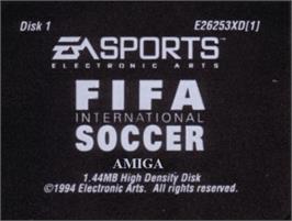 Top of cartridge artwork for Fifa International Soccer on the Commodore Amiga.