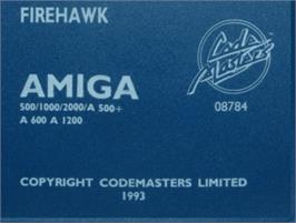 Top of cartridge artwork for Firehawk on the Commodore Amiga.
