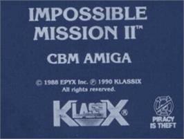 Top of cartridge artwork for Impossible Mission 2 on the Commodore Amiga.