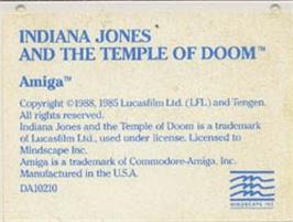 Top of cartridge artwork for Indiana Jones And The Temple Of Doom on the Commodore Amiga.