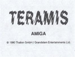 Top of cartridge artwork for Leavin' Teramis on the Commodore Amiga.