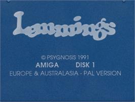 Top of cartridge artwork for Lemmings on the Commodore Amiga.