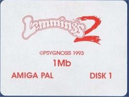 Top of cartridge artwork for Lemmings 2: The Tribes on the Commodore Amiga.