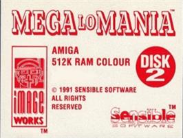 Top of cartridge artwork for Mega Lo Mania on the Commodore Amiga.