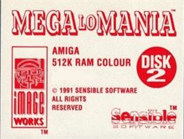 Top of cartridge artwork for Mega lo Mania on the Commodore Amiga.