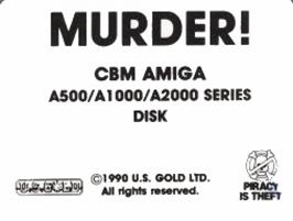 Top of cartridge artwork for Murder! on the Commodore Amiga.