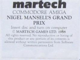 Top of cartridge artwork for Nigel Mansell's Grand Prix on the Commodore Amiga.